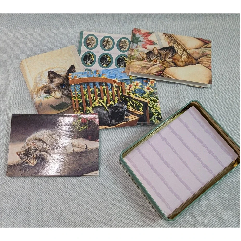Sue Boettcher Elizabeth McAfee Stationery Lot Cat Santa Butterfly Cards Tin GOOD